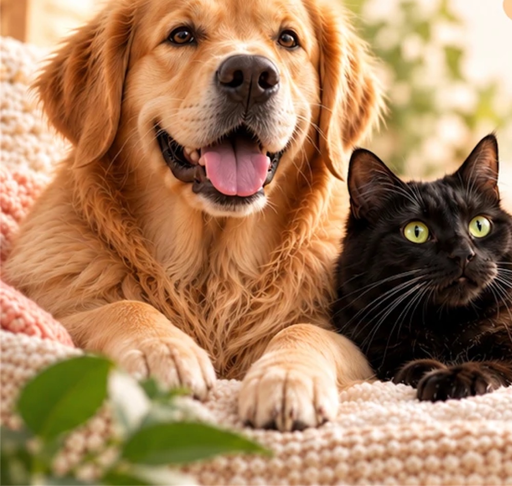A golden retriever and a black cat resting together