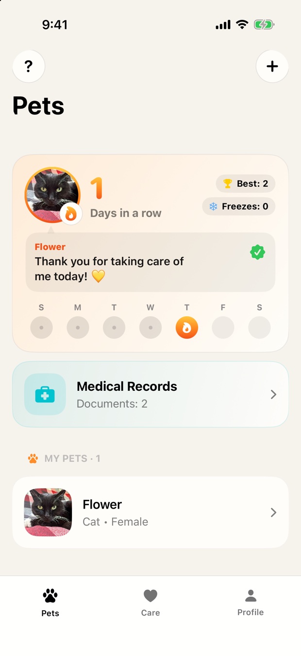 MrPet Pets tab with the care streak and daily check-in